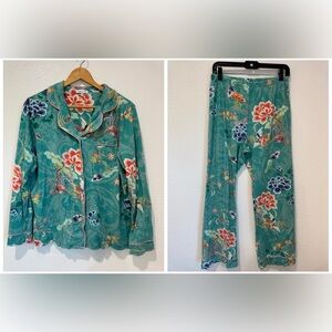 Johnny Was 2 Pc Pajama Set Turquoise Floral Print Long Sleeve Button Up Pants M